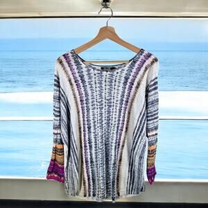 Nic+Zoe Women's 1X Linen Blend Multicolored Striped Boho Light Sweater Blouse